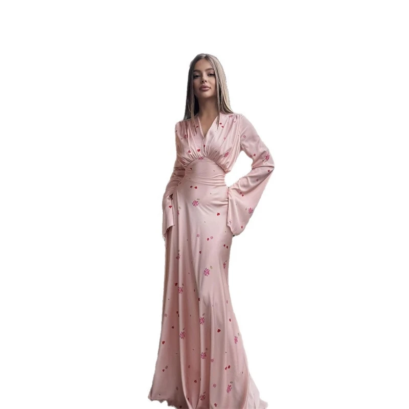 우아한 프린트 새틴 롱 드레스 여성 슬림 레이스업 V넥 긴팔 플리츠 드레스 2025 가을 여성 파티 이브닝 드레스 신상