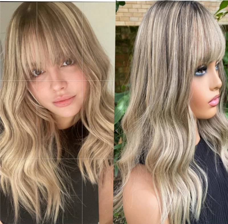 

Ombre Blonde Brown Highlights HD Ttansparent Lace Front Wig with Bangs 100% Virgin Human Hair HD Invisible PrePlucked Cosplay