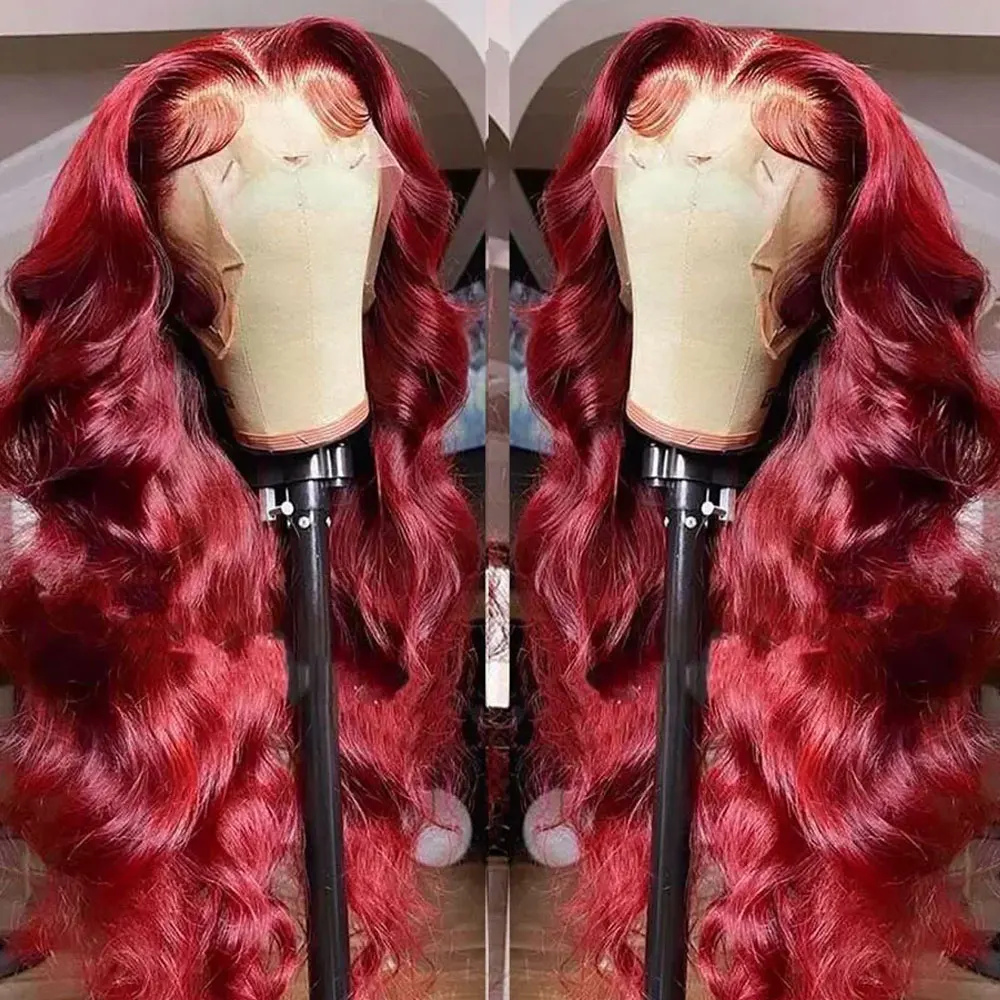 180 Density 99J Burgundy 13x4 13X6 HD Body Wave Lace Front Human Hair Wigs 40 Inch Red Colored Frontal Wig for Women