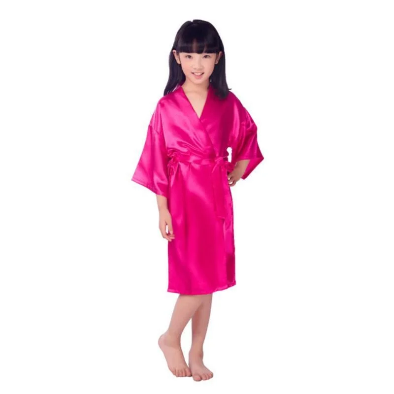 Retail Kids Birthday Girl Gold Glitter Robes Soft Satin Pure Color Kimono Bathrobes for Spa Wedding Birthday Party