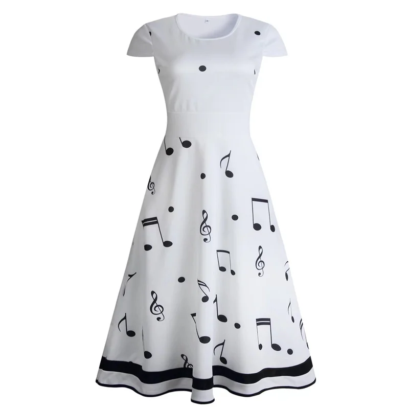 2024 European and American new summer women\'s large swing skirt music symbol print dress