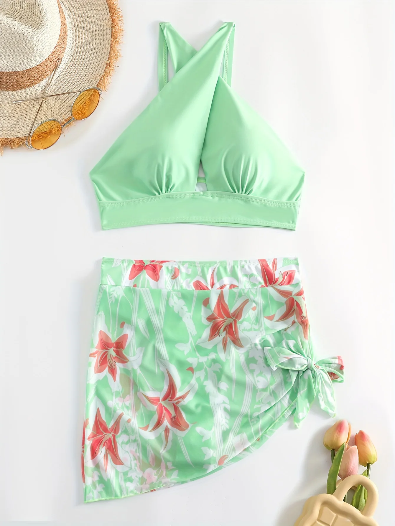 2025 新 2 個セット水着女性ハイウエストスカート水着セクシーな花柄ビキニセットビーチウェア水着ブルーグリーン