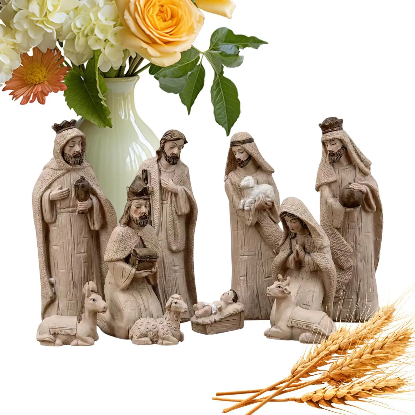 Christmas Nativity Figurines Horse Trough Set Jesus Birth Scene Ornaments Vintage Resin Religious Holy Family Decoration