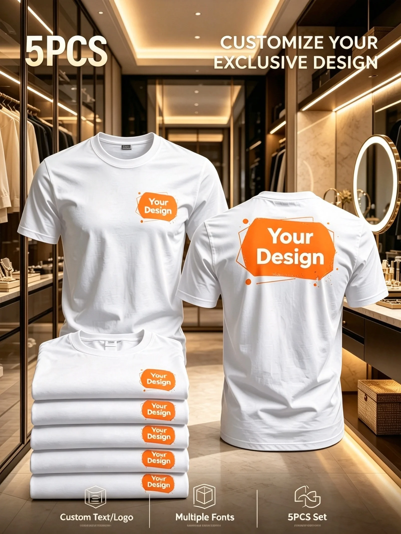 5pcs Set Personalized Men's T-Shirt, Add Your Text/Image/Family Photo/Pet Photo/Company Logo/Work Uniform/Couples/Best Friends