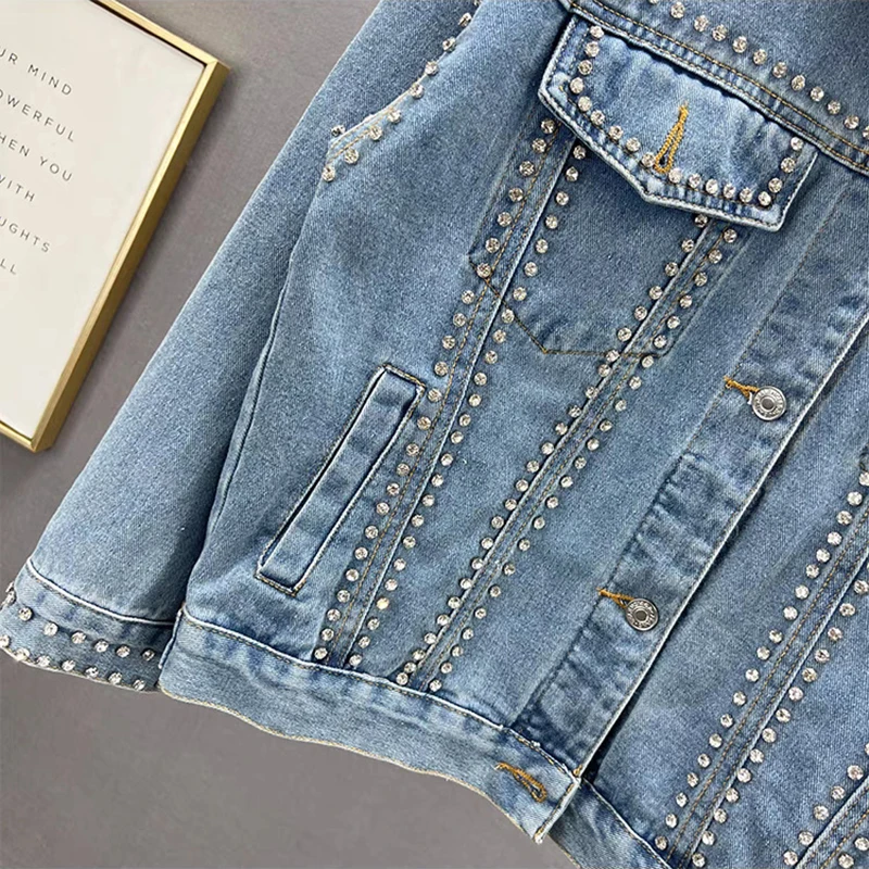 Giacca di jeans con perline con strass per donna Giacche autunnali alla moda High Street Cappotto lucido femminile con risvolto allentato americano