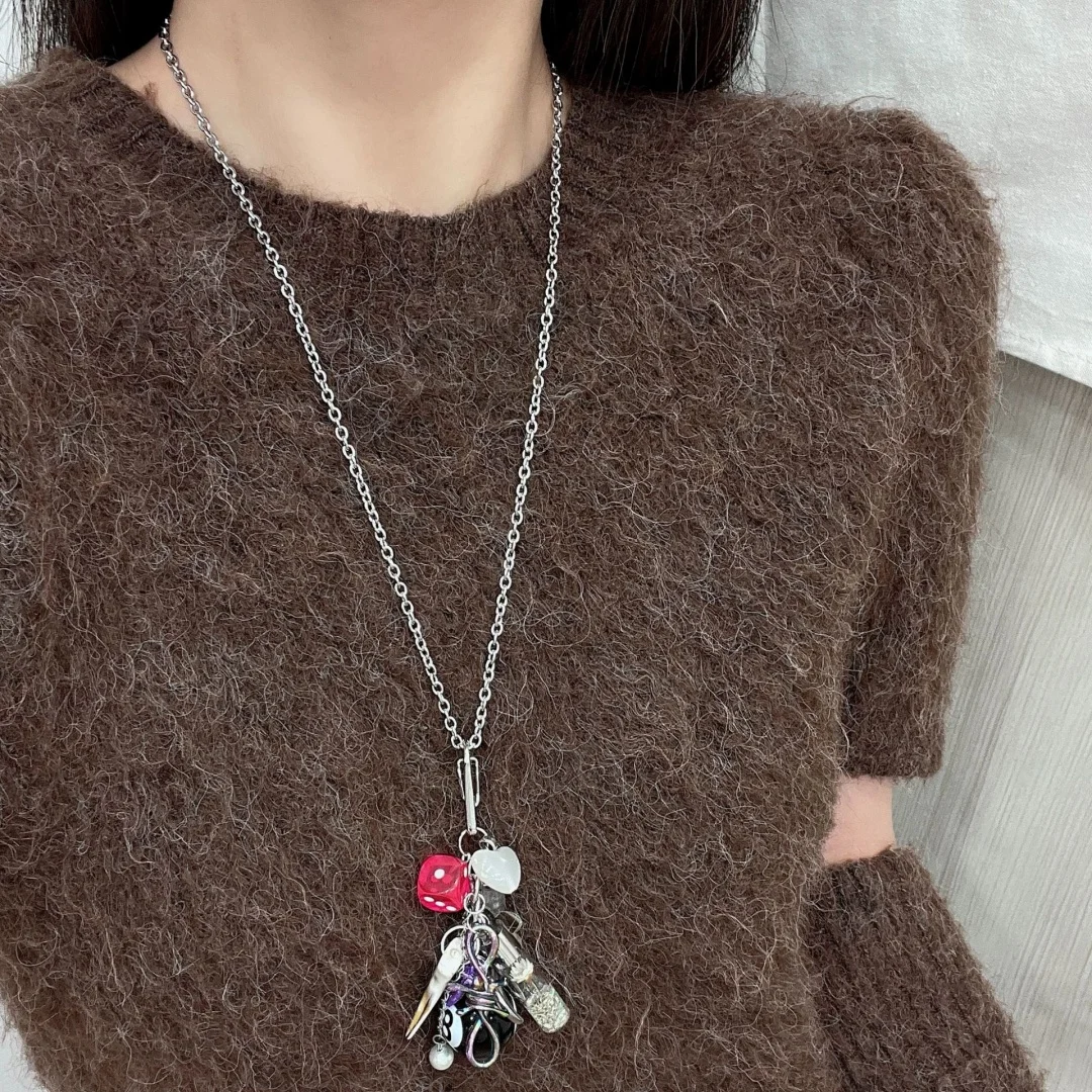 

DUTRIEUX Punk Stainless Steel Multi Element Billiards Pendant Necklace Dice Crystal Long Choker For Women Clavicle Chain Jewelry