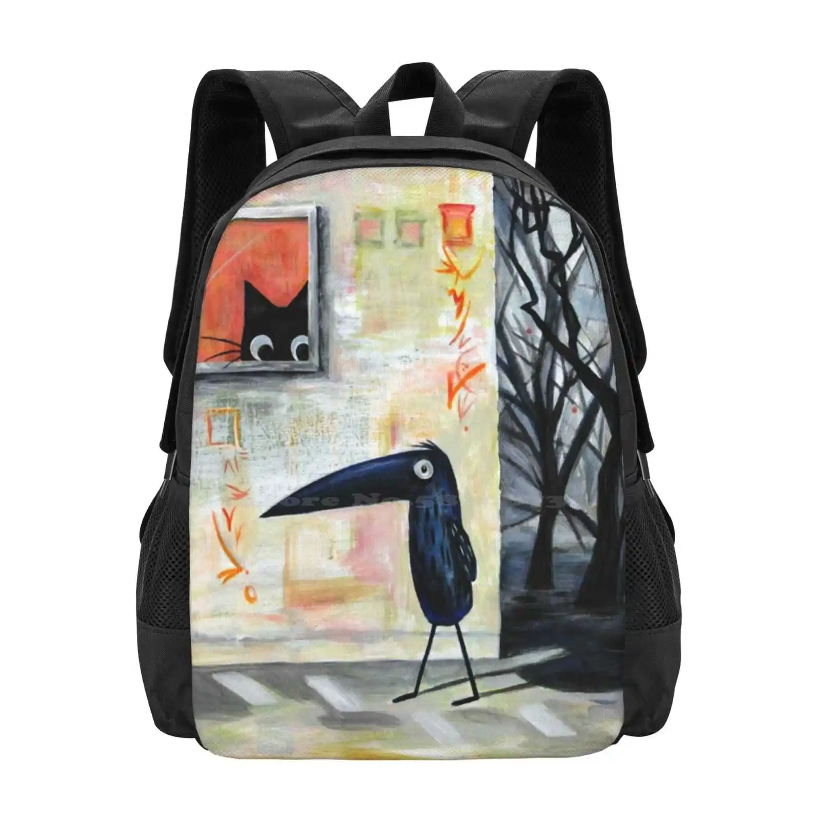 Cat And Bird Hot Sale Schoolbag Backpack Fashion Bags Trees Walking Bird Fantasy Acrylic Painting Whimsical Cute Characters