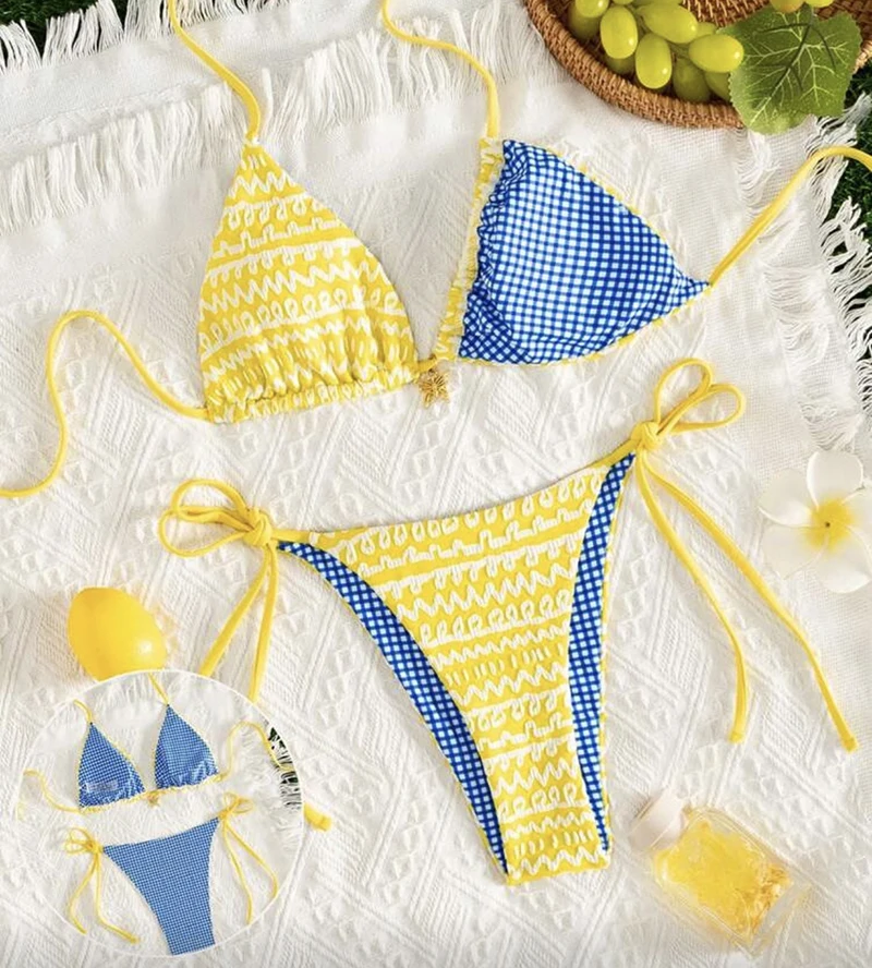 

Sexy Women's Swimsuit Blue Plaid Reversible Bikinis Sets Low Waist Split Bathing Suit Lace Up Bikini Swimwear