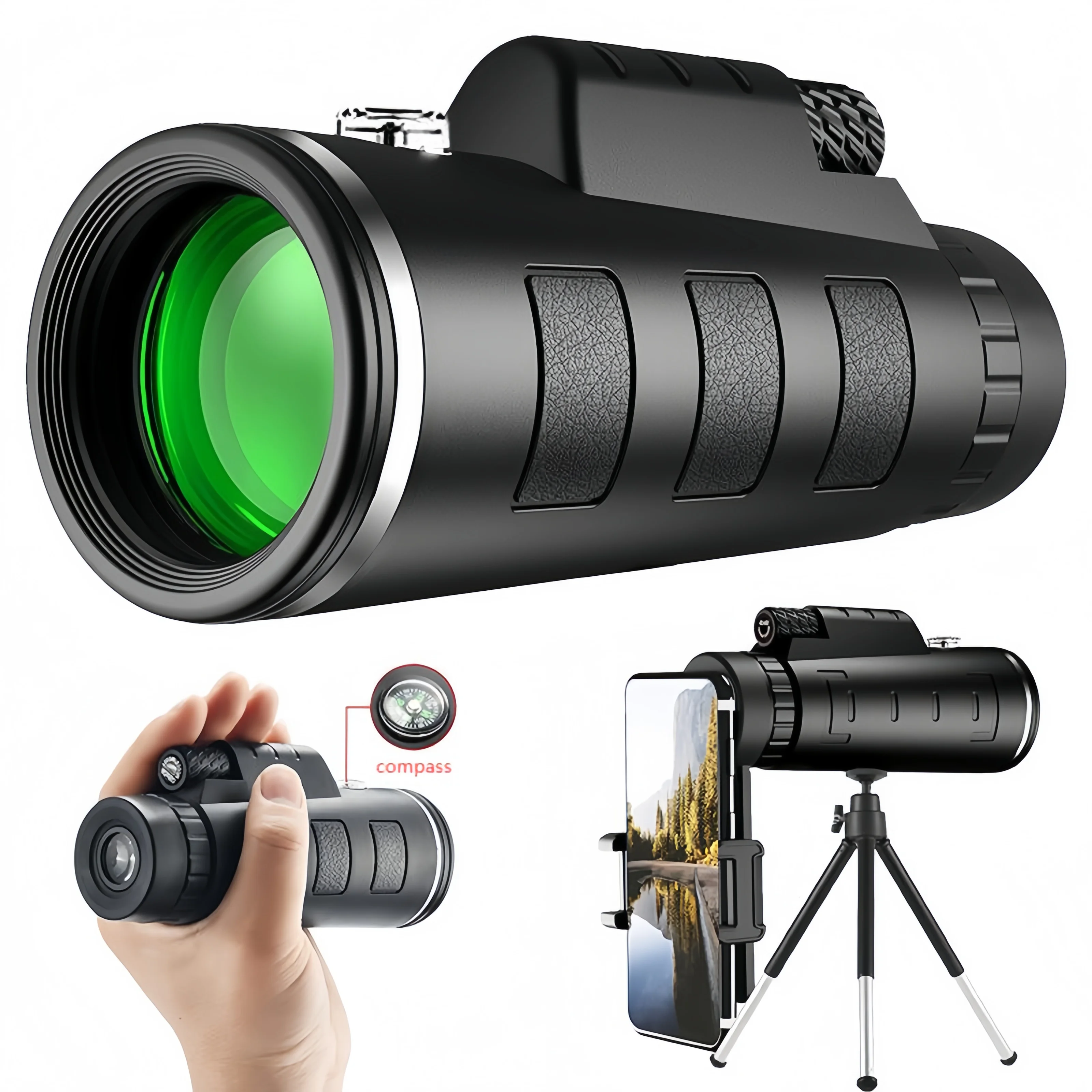 

40*60 Monocular HD Shimmering Night Vision with Compass Outdoor Connected Cell Phone Photo + Spring Clip Telescopic Tripod