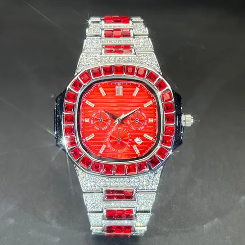 Imagen 2 del producto Reloj de lujo Missfox para hombre, esfera roja, diamantes helados, reloj de cuarzo Hip Hop resistente al agua, reloj cuadrado con diamantes para hombre, nuevo 2025