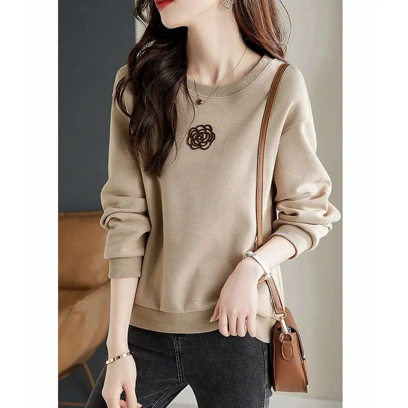 Gentle Style O-Neck Long Sleeve Embroidery Floral Spring Autumn New Sweatshirt Loose Basic Casual Solid Color All-match Tops