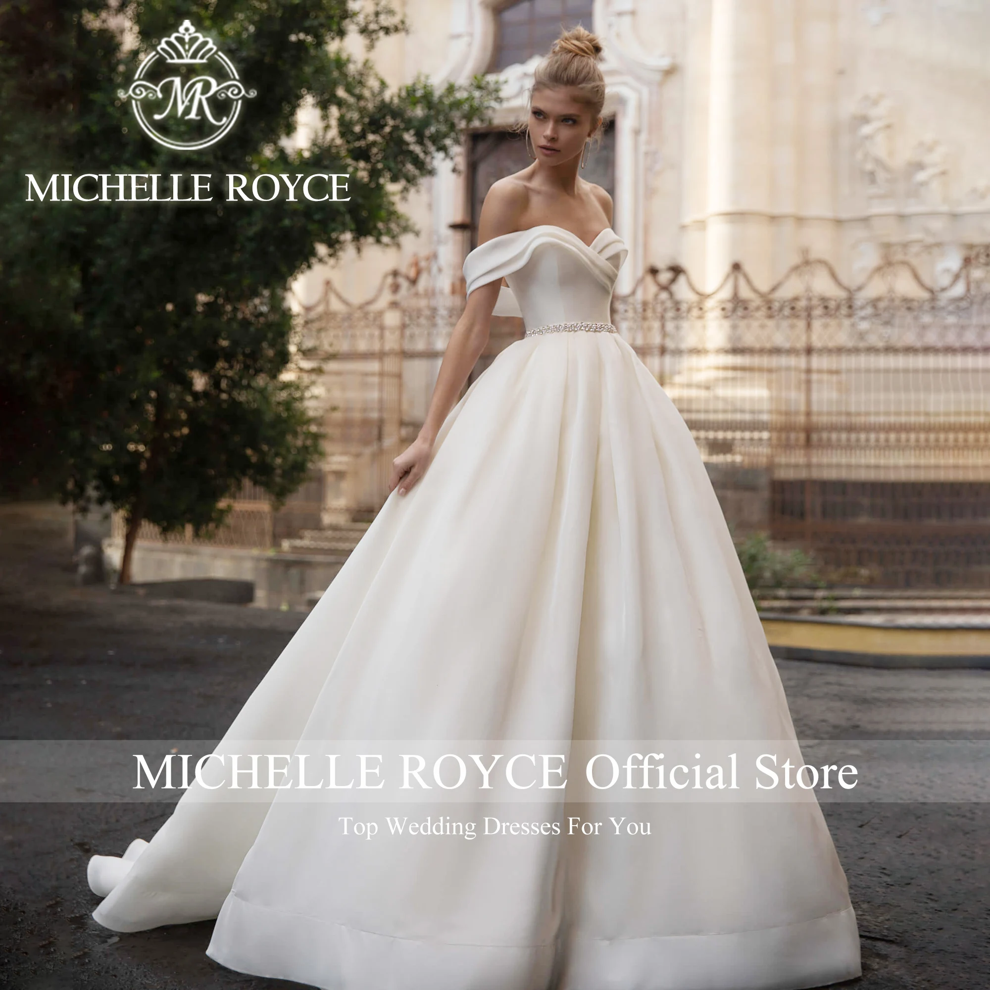 Michelle Royce-vestido De boda sin hombros para mujer, traje De Organza con cinturón, escote Corazón, 2024