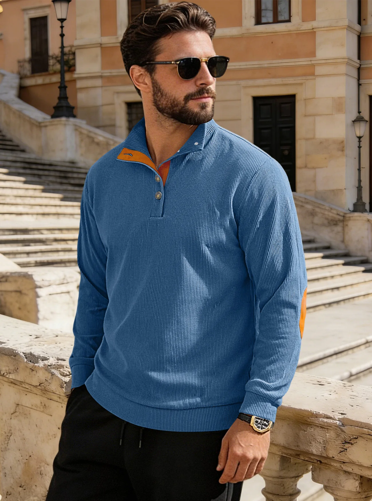 Spring and autumn men's casual plaid corduroy polo shirt - stylish long-sleeved Henry collar top for outdoor sports men's wear