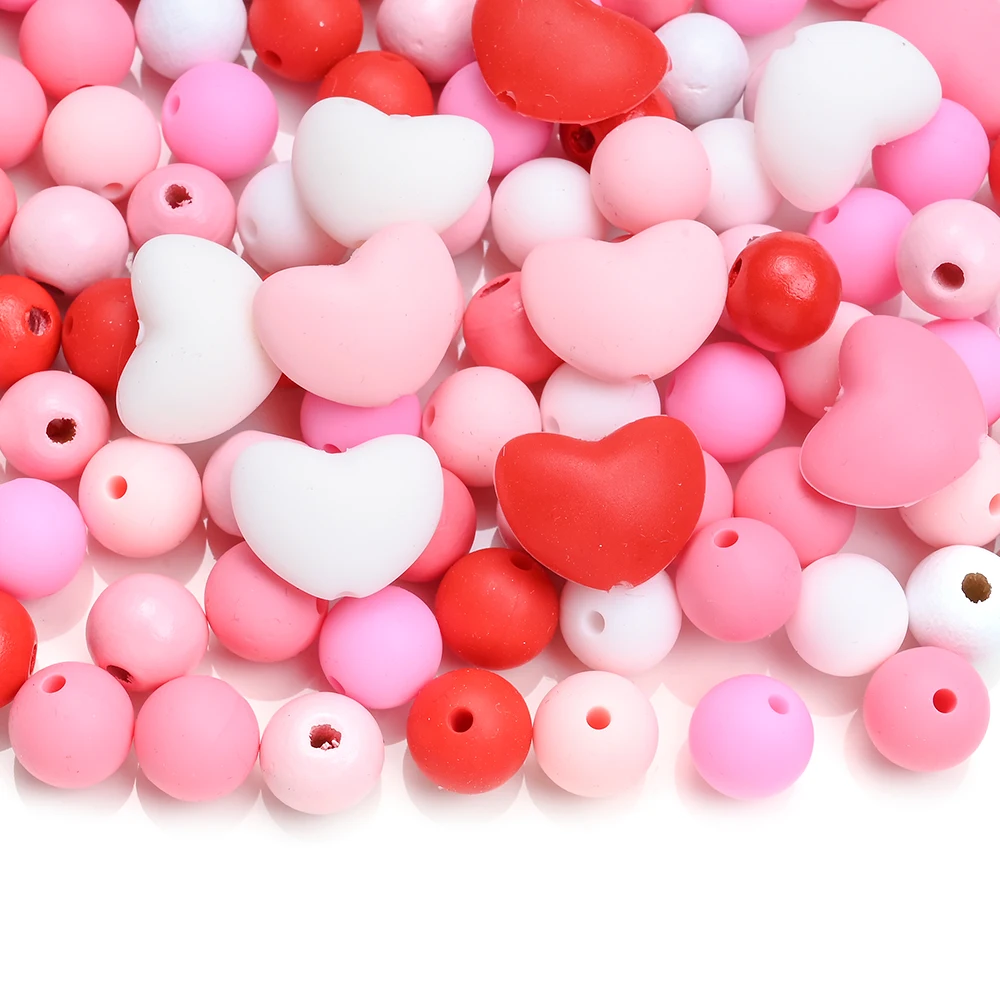 84Pcs Food Grade Powder White Silicone Heart-Shaped Beads Baby Teething Toy Pacifier Chain Bath Gift BPA Free