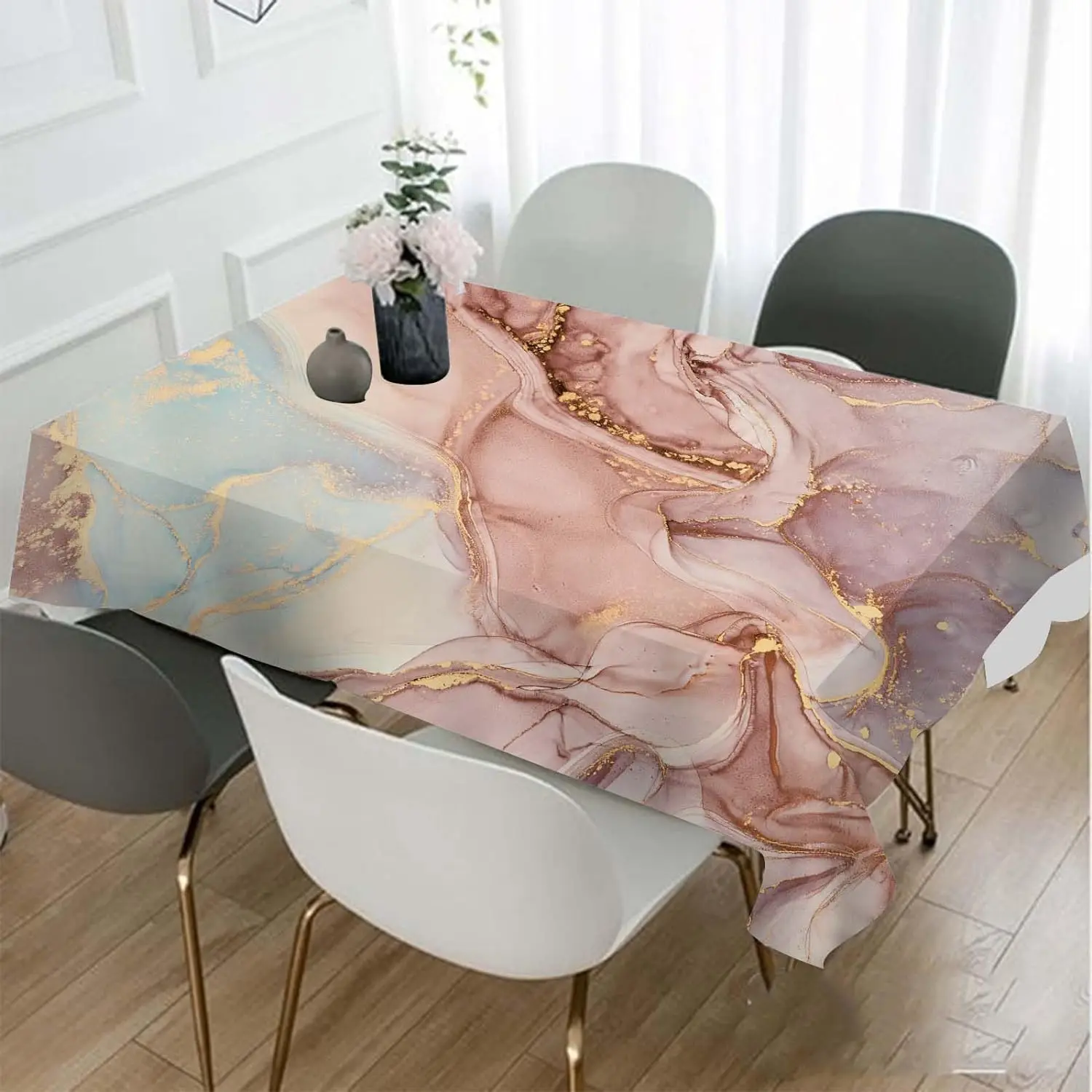 Marble Tablecloth Abstract Pink Blue Golden Marble Pattern Oblong Table Cloth Kitchen Table Decor for Home Party Dining Deocr