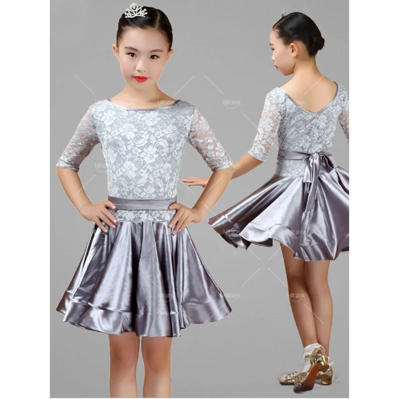 Kid Girls Latin Dance Dress Costumes Child Mid Sleeve Ballroom Dance Costume Lace Latin Dance Dress For Girls