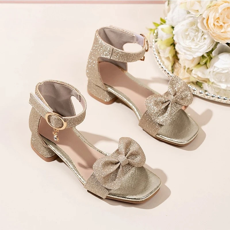 

Champagne Gold Glitter Sandals kid Girl Low Heel Ankle Strap Bowknot Dance Sandalias Child Square Toe Bling Crystal Dress Shoes