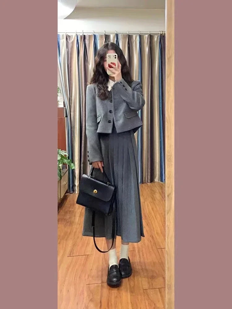 

Insozkdg College Style Fashion Suit Long-sleeved Woolen Jacket Skirt Suits Women Autumn Winter Long Pleated Skirt Two-piece Set