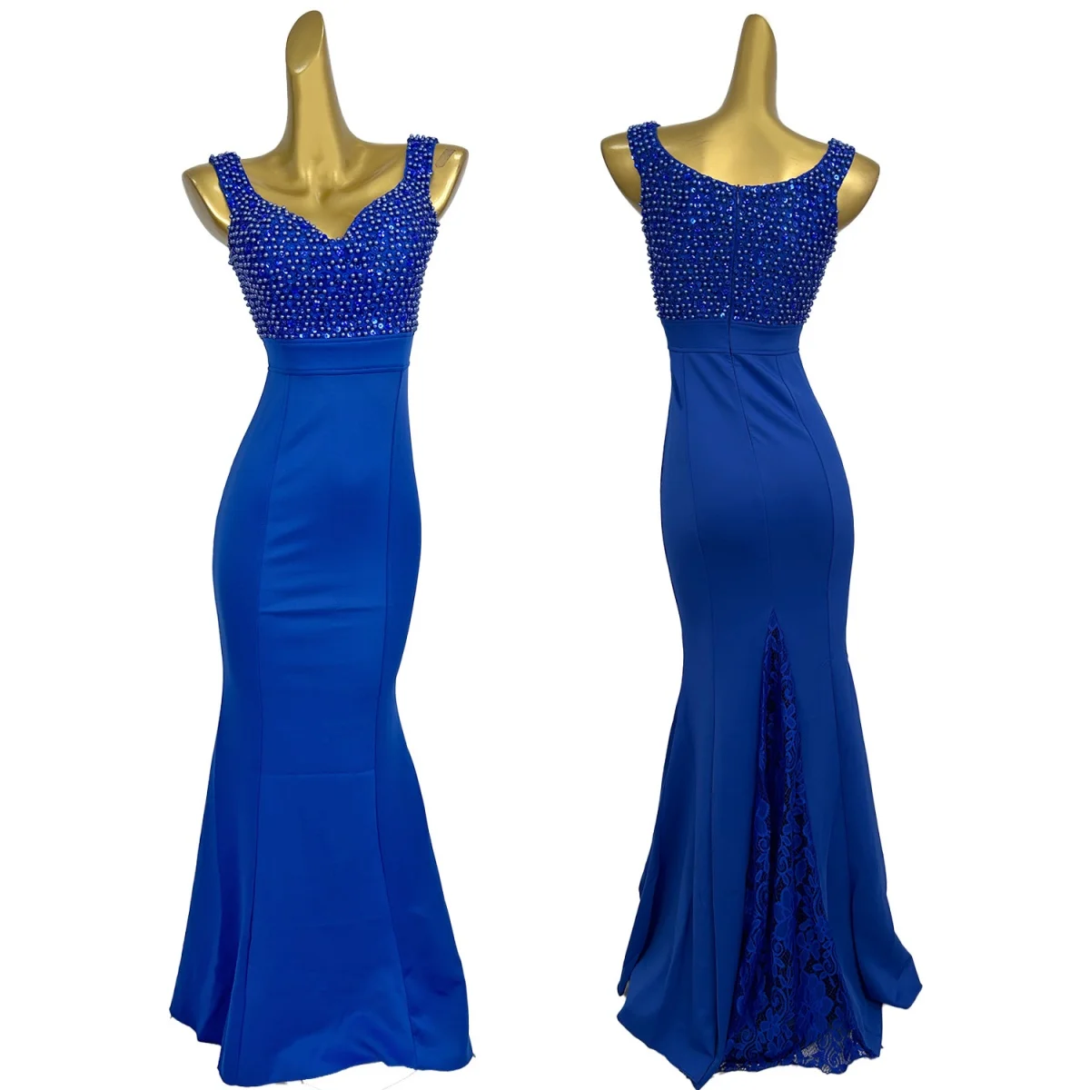 Seksowna Elegancka Niebieska Długa Sukienka Spandex Rybka Suknia Urodzinowa Sesja Zdjęciowa Studniówka Gala Perły Cekiny Sukienka Wieczorowa
