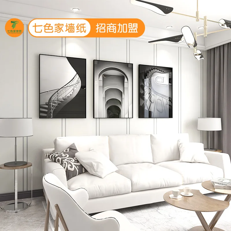 ورق حائط مخملي مخطط بسيط إسكندنافي، ورق حائط رغوي منقوش سميك للغاية لخلفية غرفة المعيشة في الفيلا #4