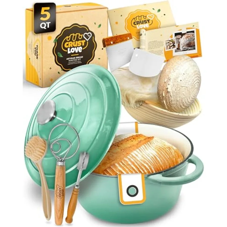 

Dutch Oven for Bread Baking - incl. Sourdough Bread-Baking Supplies like Banneton Bread-Proofing Basket - 5QT Enameled Cast Iro