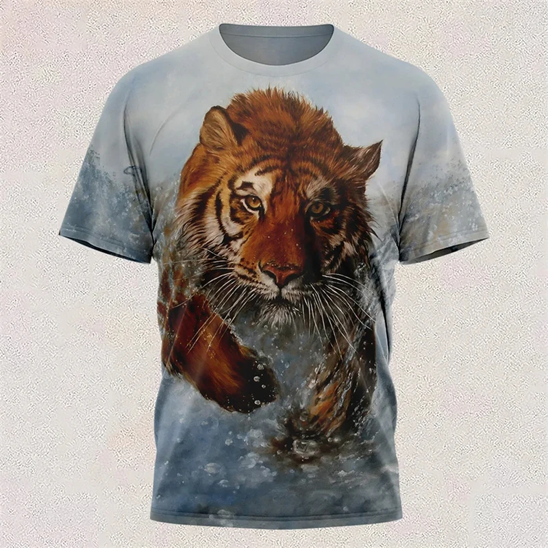 New Men's T Shirts 3D Colorful Tiger Printed Graphics Short Sleeve Tees Round Neck Daily Casual Men Clothing Loose Oversize Tops