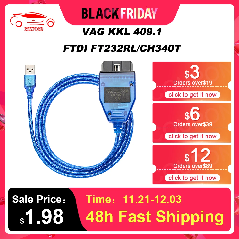 VAG 409 1 409.1 KKL With FTDI/CH340T OBD 2 OBD2 Car Diagnostic Interface Cable For VW/Audi/Skoda/Seat VCDS Auto Scanner Tool