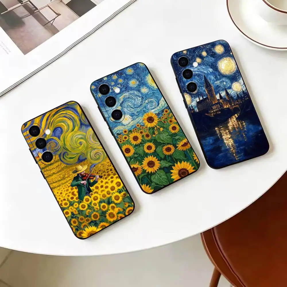 Coque de téléphone en silicone souple noir Van Gogh Starry Sunflowers pour Samsung Galaxy A71 A72 A73 A51 et autres modèles associés