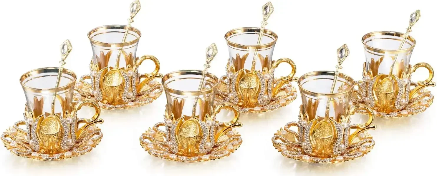 DEMMEX (Set of 6) Turkish Tea and Coffee Glasses Cups Set with Saucers Holders Spoons, Decorated with Swarovski