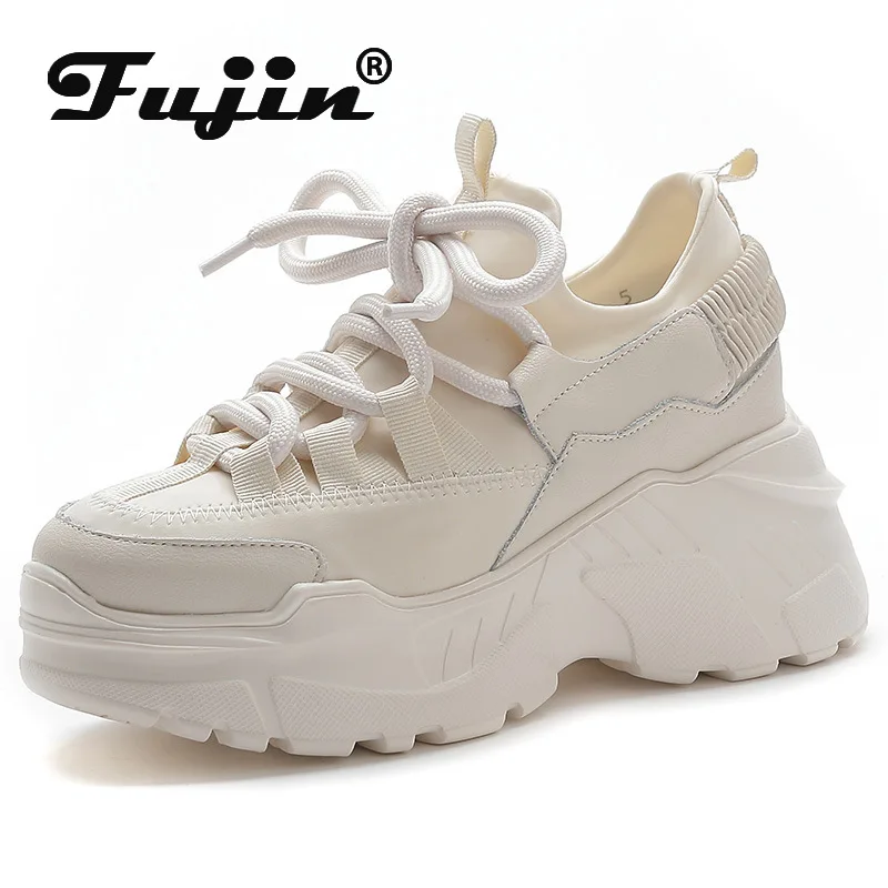 

Fujin 8cm New Streth Fabric PU Chunky Sneakers Casual Sneakers Vulcanized Autumn Women Comfy Spring Genuine Wedge Platform Shoes