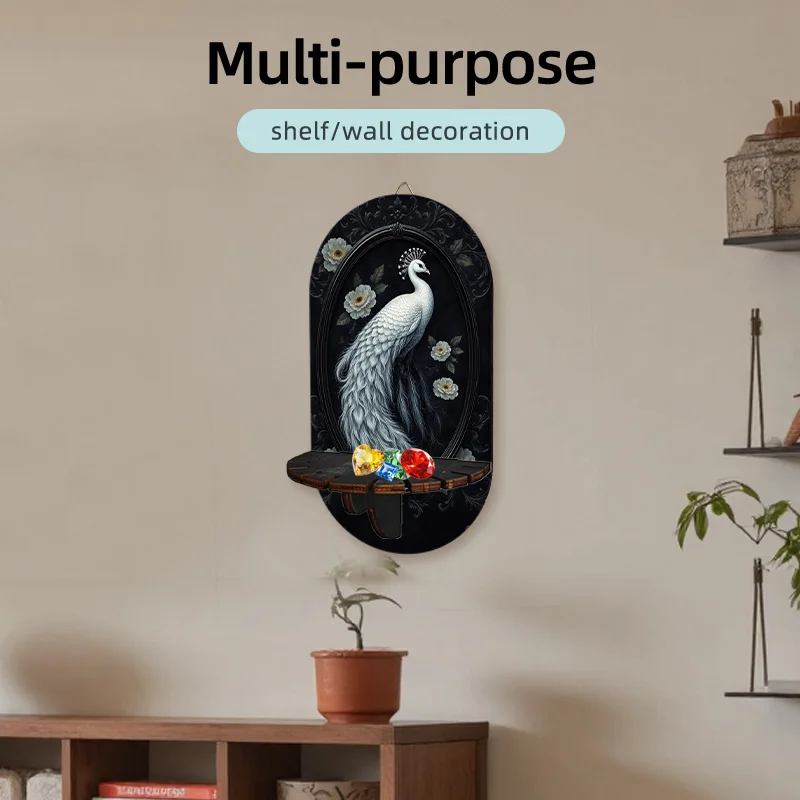 Bohemian White Peacock Floral Oval Wall Shelf - Multi-Functional Artificial Wood Hanging Shelf with Hook, Suitable for Living
