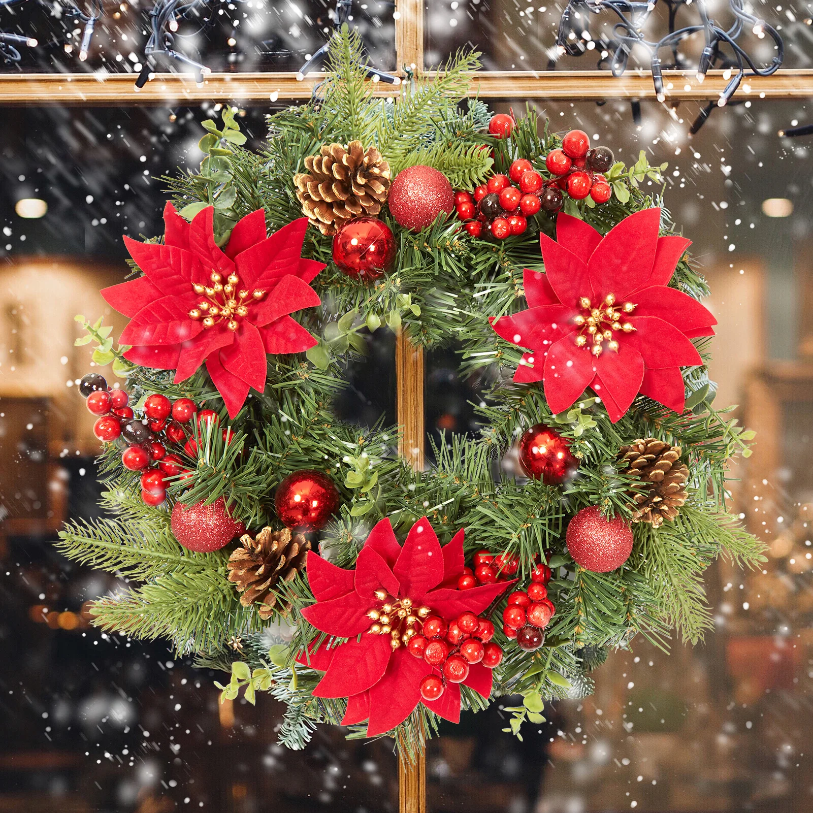 Christmas Door Wreath, 16 Inch Outdoor Christmas Wreath Winter Wreath with Pine Cones Red Poinsettia Flowers Ball Ornaments