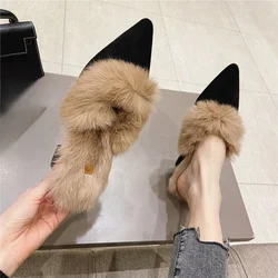 New Winter Slippers Women's Square Heel Slippers Women's Office Plush High Heels Fashion Women's