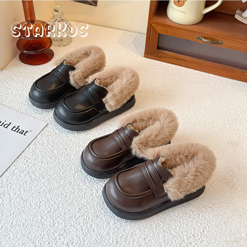سميكة وحيد الدافئة الفراء المتسكعون الاطفال فتاة الشتاء رقيق أفخم الجلود حذاء مسطح طفل رضيع الفاخرة ريال الأرنب الفراء المدرسة Zapatos
