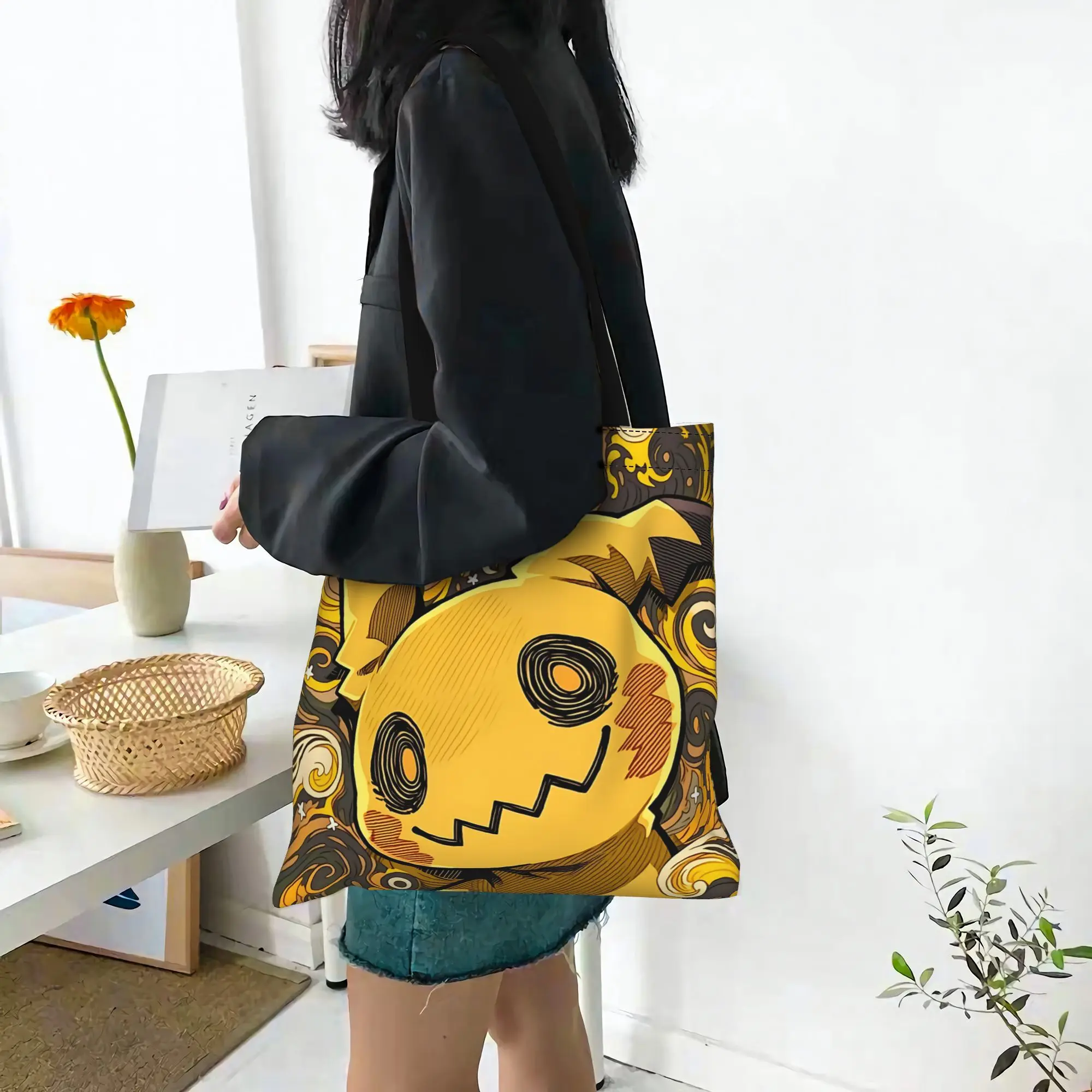 Customized Pokemon Mimikyu Antique Yellow Women's Bag Shopping Bag Reusable Double Sided Canvas Tote Bag Shoulder  Handbag