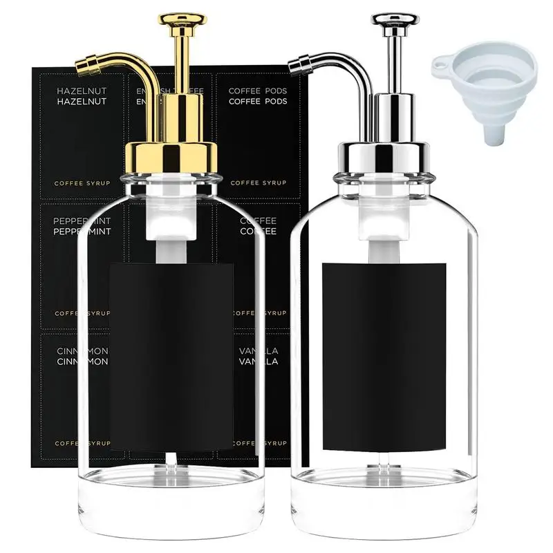 2 Pcs Coffee Syrup Dispenser Set with 18 Labels 16.9 oz 500 ml Coffee Syrup Container Minimalist Clear Glass Syrup Bottle