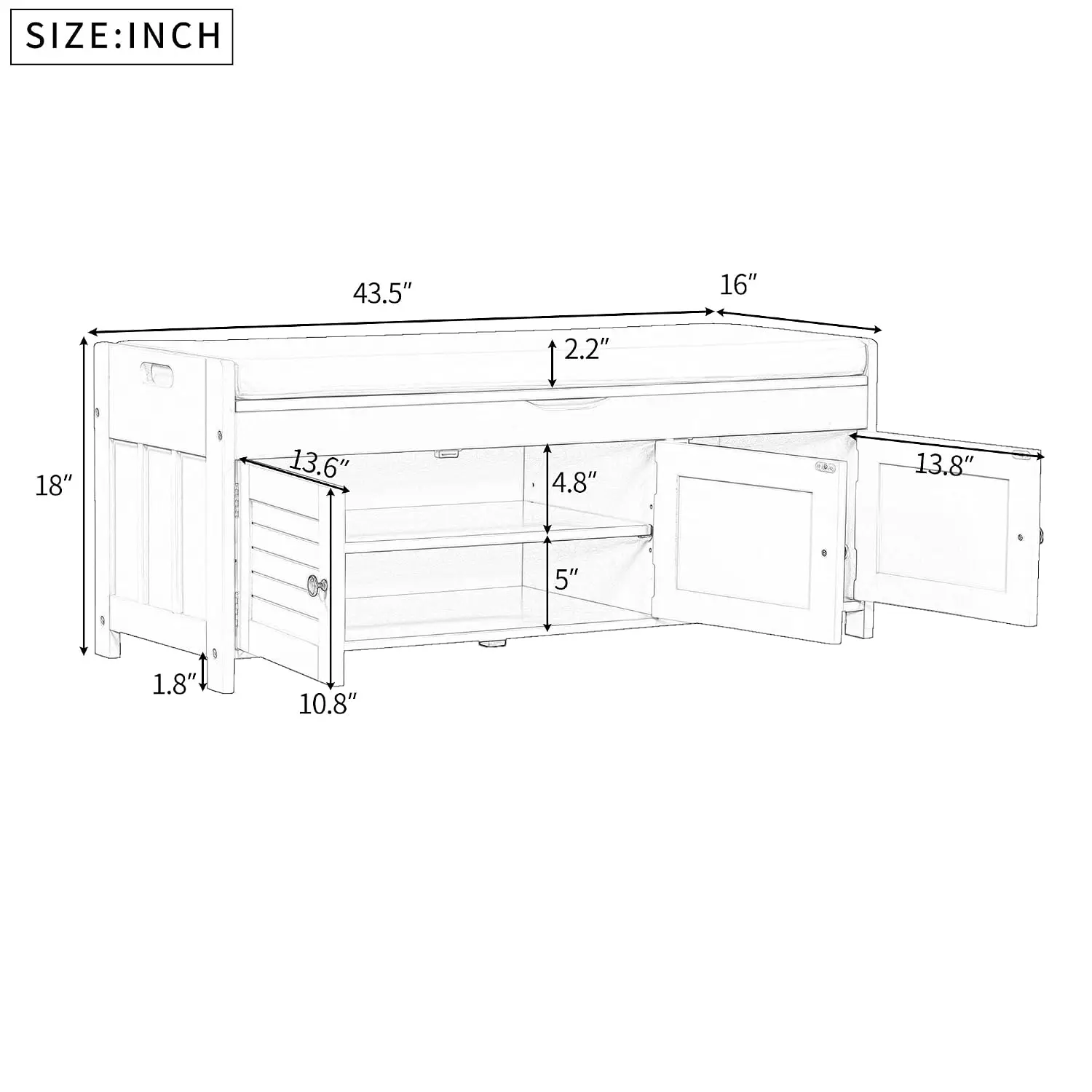Storage Bench with 3 Shutter-Shaped Doors, Wood Shoe Bench with Removable Cushion and Hidden Storage Space for Entryway