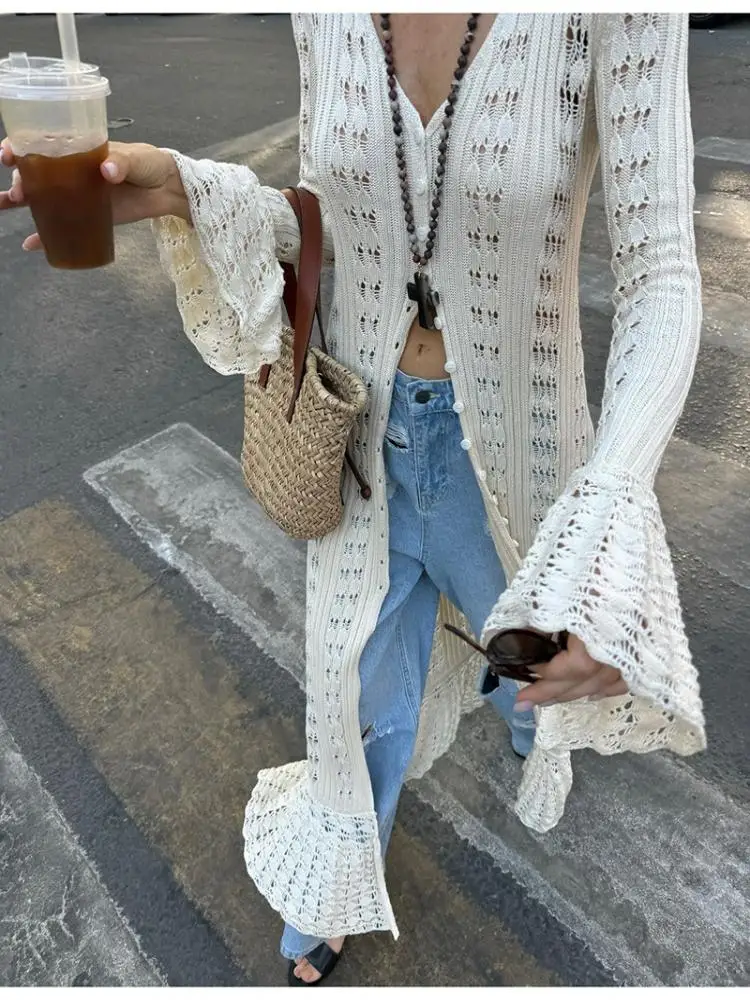 

Boho Chic Hollow Out Flare Sleeve Crochet Cardigan Women's Summer Long Loose Fit Beach Cover Up Lightweight Open Front Jacket