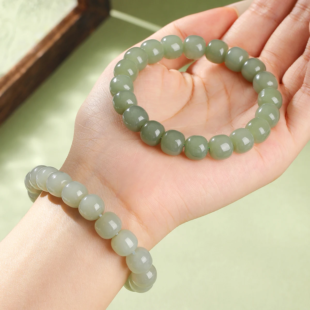 5A Natural Plateau Qiemo Hetian Jade Old-Shape Bead Bracelet 9-10mm Oily Texture Healing Jewelry for Peace Luck Unisex Gift 4