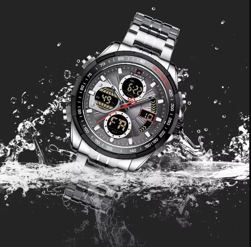 NAVIFORCE NF9197S Men's Dual Display Sport Business Watch Waterproof Luminous Hands Stainless Steel Strap Quartz Reloj Hombre