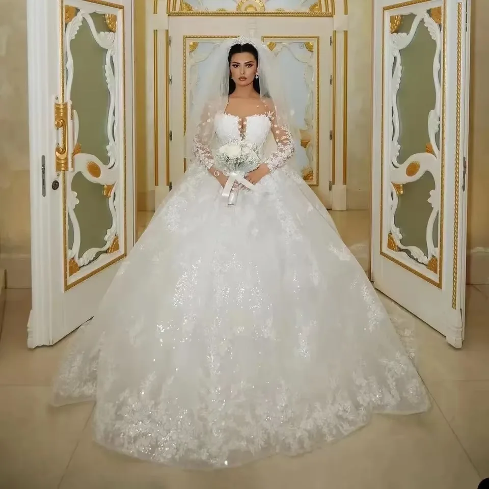 

Customzied Sparkly Ball Gown Wedding Dress Glitter Sequins Long Sleeves Lace Applique Bridal Gowns Vestido De Novia