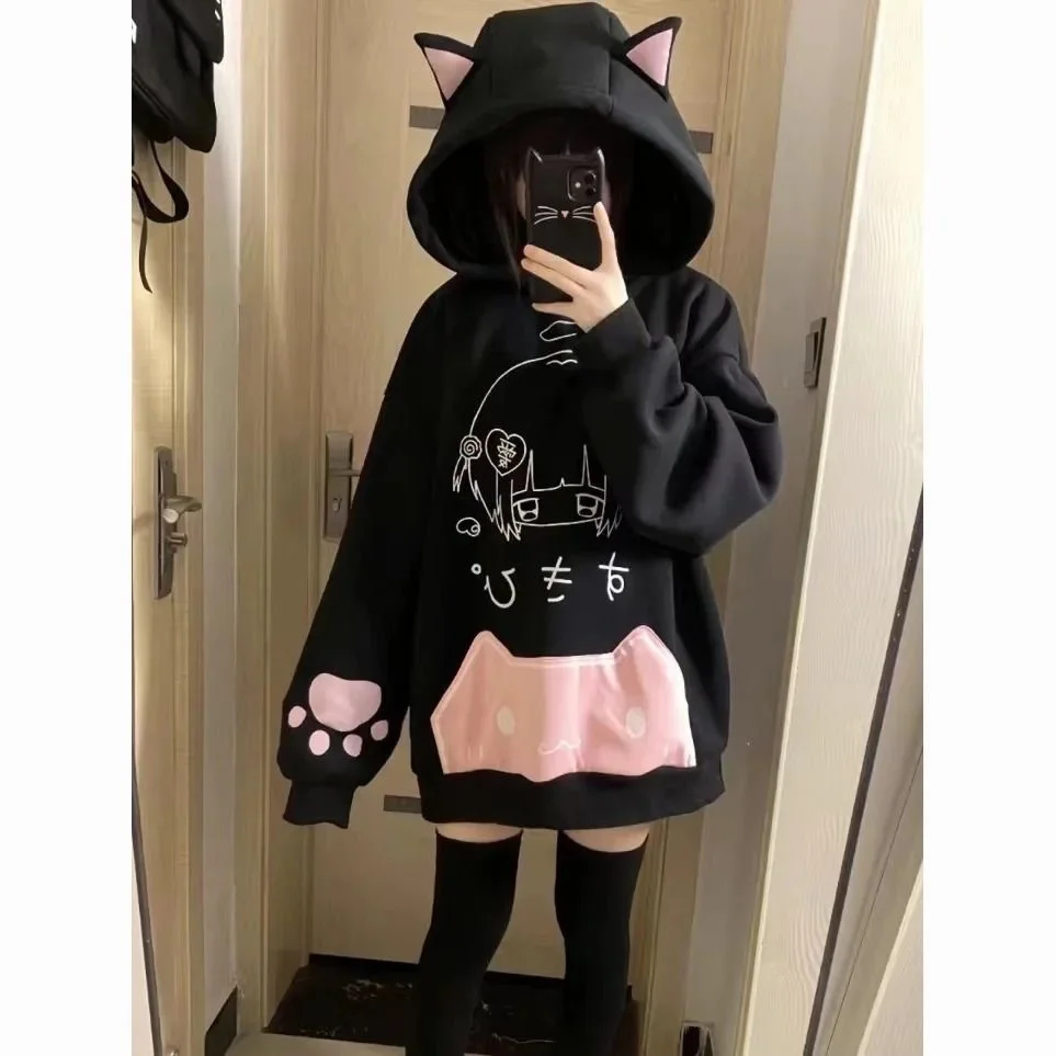 

Japanese Cartoon Print Fleece Hoodies Women Harajuku Gothic Cat Ears Hooded Vintage Hoody Streetwear Y2k Aesthetic Sweatshirt