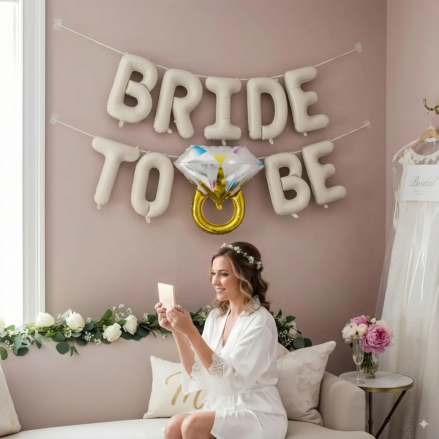 10 Stück weiße, cremefarbene, beige Folienballons mit der Aufschrift „Bride to Be“, weiße „Bride To Be“-Buchstabenballons für die Brautparty, Banner mit Diamanten – Detail 2