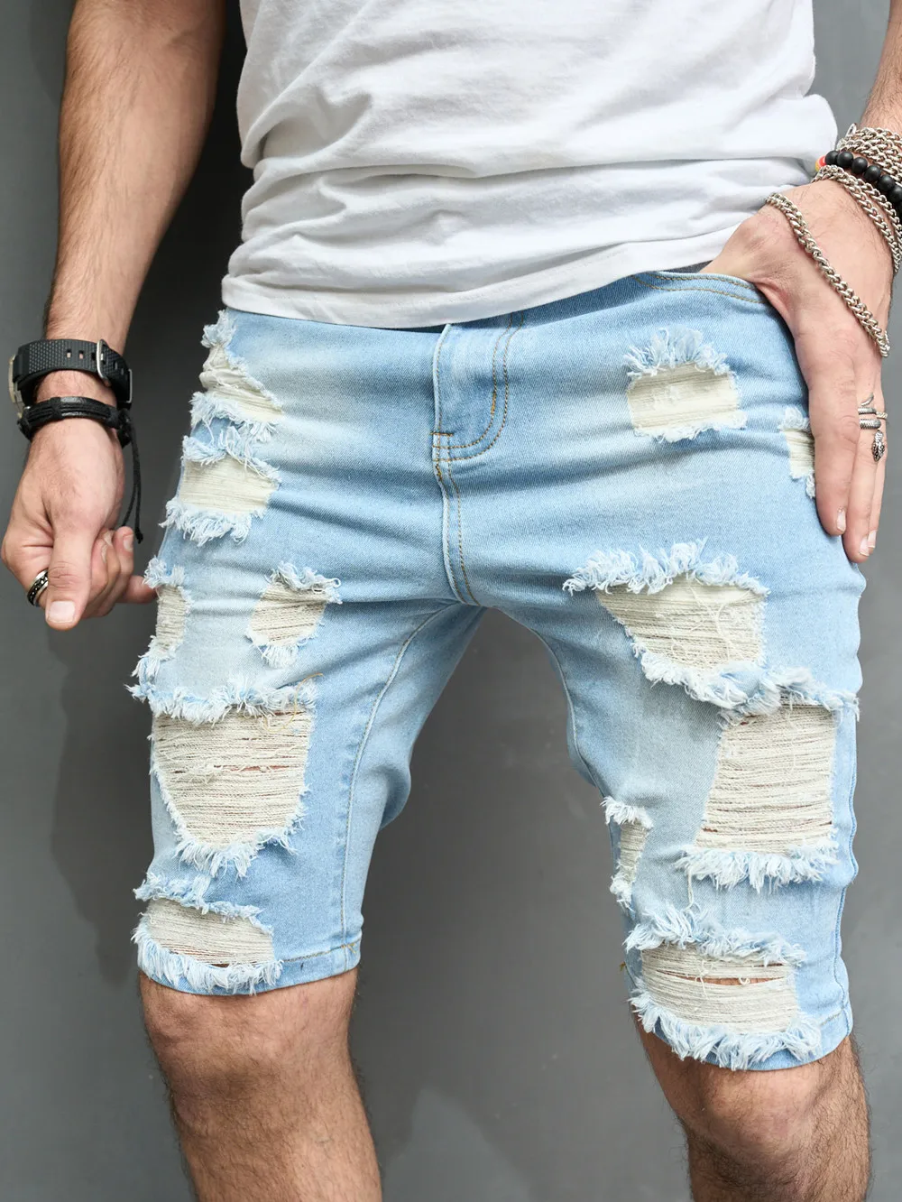 Summer Men Stylish Holes Slim fit Denim Shorts Solid Cotton Casual Male Beach Five-point Pants Jeans Shorts