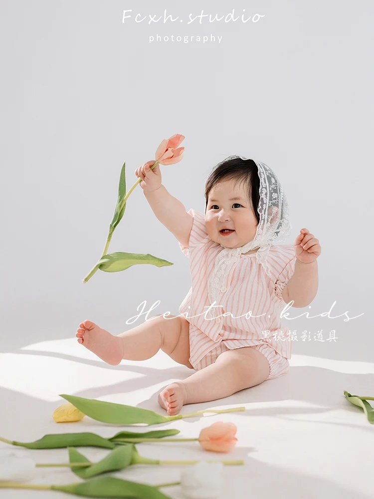 Pink striped set for womens treasures one year photography clothing tulip themed childrens photo headscarf disfraz bebes  신생아촬영