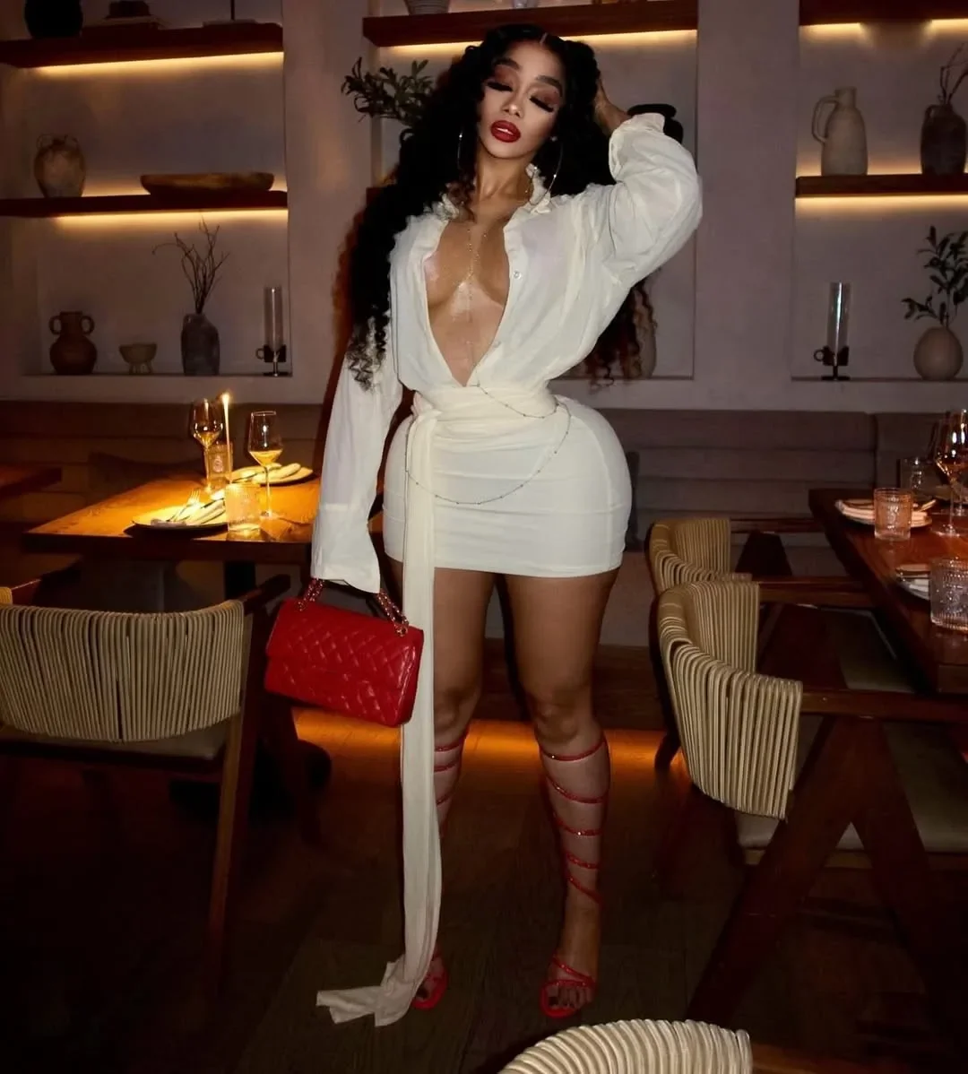 DSMTRC Femmes Élégant Sheer Revers Manches Longues Moulante Chemise Robe Sexy Streetwear Simple Boutonnage Bandage Décorer Mini Robes