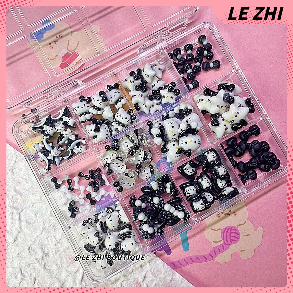 1Box 90-125Pcs Diy Black White Resin Hellokitty Nail Art Charm Bow Coconut Beach Summer Handmade Accessories Party Sticker