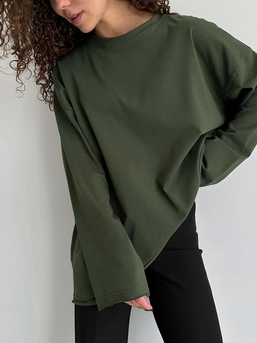 Classic OverSize Cotton T-shirt 2025 Spring and Autumn Women Fashion Casual Solid Color Loose O-Neck Long Sleeved Bottom T-shirt