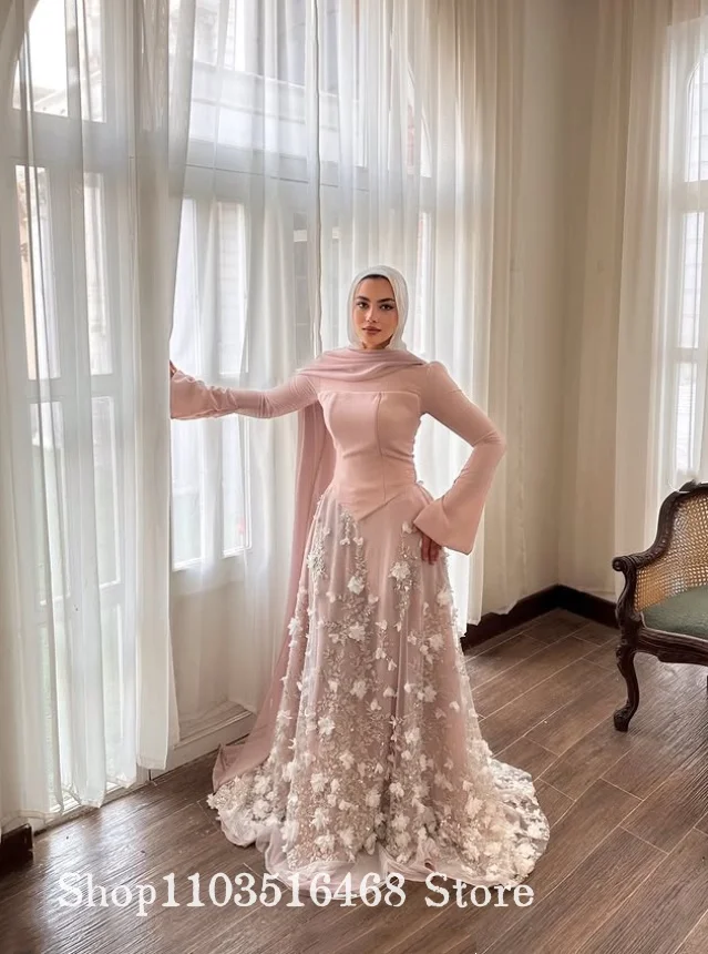 Rosa Blush Langarm-Muslimisches Abendkleid Maßgeschneidertes 3D-Blumen A-Linien Funkelndes Islamisches Ballkleid Hochzeitsfeier-Kleid Festliches Kleid