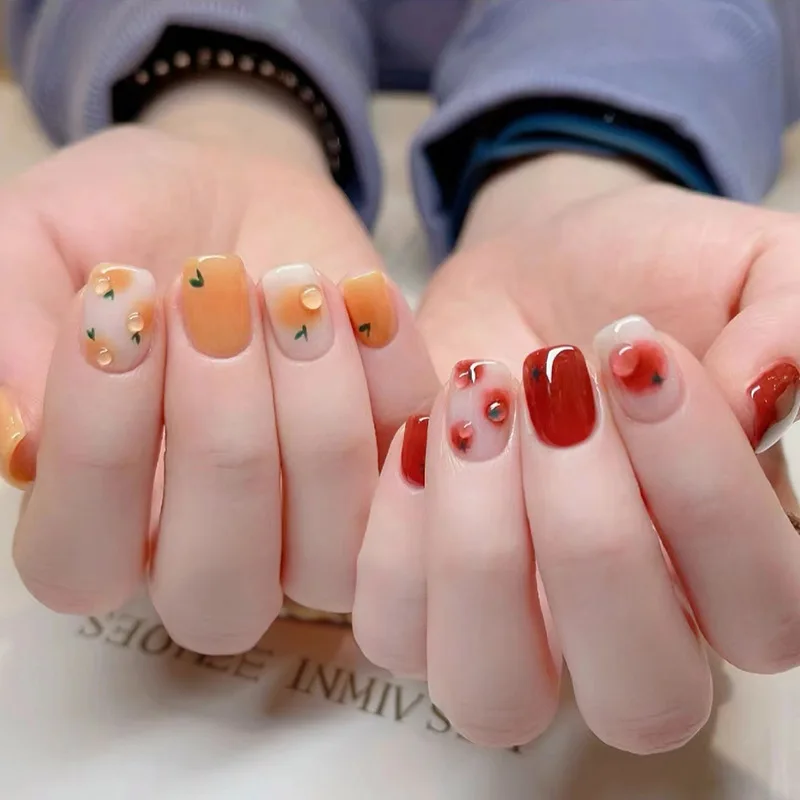 24Pcs Fruits Press on Nail Short Square Head Fake Nails Cute Sweet Acrylic False Nails with Glue Strawberries White Flowers Art